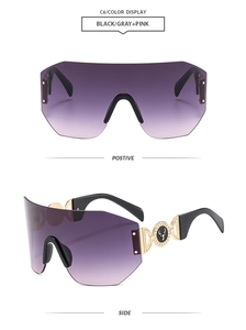 Détails de lunettes sans monture dégradé violet avec logo cerf doré sur les branches