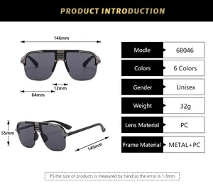 Detailed size chart for oversized unisex metal punk sunglasses with dimensions in mm