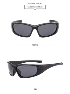 Front and side view of matte black cycling sunglasses with red and blue spray paint detail