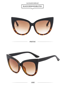 Cat eye sunglasses detail in black demi and double tea lenses with side view