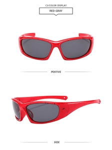 Detail of red and black splatter pattern sports sunglasses with grey lenses in two views