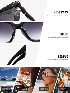 Detail of oversized sunglasses showing integrated nose pads and sturdy metal hinges