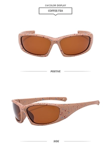 Detailed front and side views of brown wrap-around sports sunglasses with blue splatter