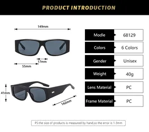 Detailed size specifications for rectangular unisex sunglasses showing frame measurements