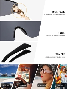 Détails de lunettes de soleil sans monture avec charnières dorées et scènes de mode de vie