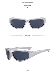 Détails de lunettes de soleil sport gris argenté avec texture latérale et verres