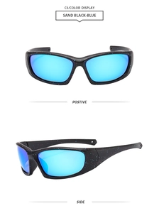 Detail view of sand black sport sunglasses with red-blue speckles and blue mirror lenses