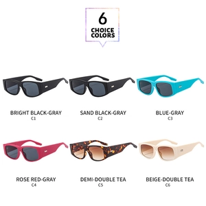 Detail view showing six color variations of square wide frame sunglasses with metal accents