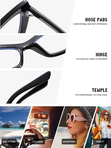 Detail of comfortable nose pads, reinforced metal hinges and curved temples on cat eye glasses