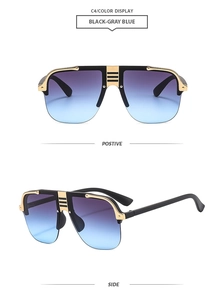 Detail view showing front and side of punk style semi-rimless gradient lens sunglasses