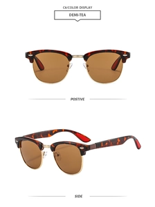 Detailed views of Demi-Tea tortoiseshell sunglasses with brown lenses and gold metal accents