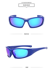 Front and side views of blue speckled sports sunglasses with polarized blue-green lenses