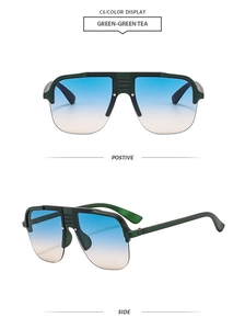 Detail view of large frame punk sunglasses in green-tea gradient with metal accents
