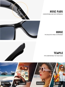 Détails des plaquettes de nez intégrées, charnières et branches de lunettes de soleil