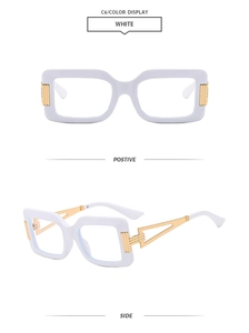 Detail of square white eyeglasses featuring golden hollow metal temples and side view