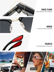 Detail of metal hinges, silicone nose pads, and lifestyle scenes for round sunglasses
