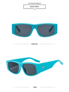 Front and side views of blue-gray rectangular sunglasses with dark gray lenses