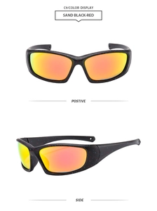 Front and side view of sand black cycling sunglasses with red blue splatter and fire lens