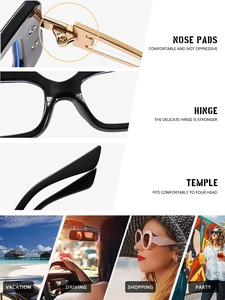 Detail of square frame glasses showing nose pads, durable hinges and temples