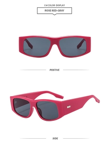 Detail view of rose red retro rectangular sunglasses with gray lenses and metal accents