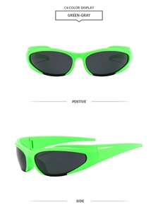 Doppia vista di occhiali da sole avvolgenti Y2K verde neon con lenti grigie futuristiche