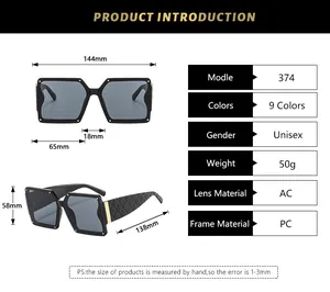 Detailed size chart for square frame sunglasses with PC frame and AC lens dimensions
