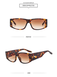 Front and side views of demi-double tea rectangular sunglasses with leopard print frame