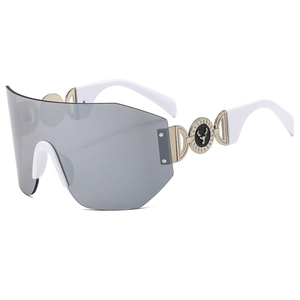 Lunettes de soleil sans monture à verres gris avec branches blanches et détails dorés