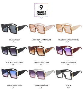 Nine color options for square frame sunglasses with wide diamond pattern temples