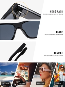 Detail view of comfortable nose pads and reinforced hinges on black fashion sunglasses