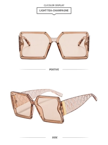 Detail view of champagne square sunglasses with quilted texture temples and metal accents