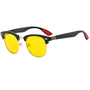 Classic round semi-rimless sunglasses with gold metal frame and yellow tinted lenses