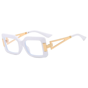 Modern white square frame glasses with gold hollow geometric metal temples for women