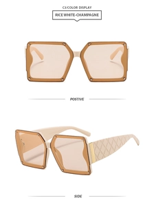 Detailed views of rice white square frame sunglasses with champagne lenses and rivet studs