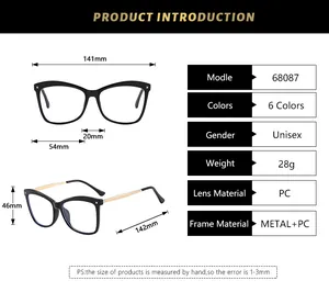 Detailed size chart for retro cat-eye frames showing dimensions and material specifications