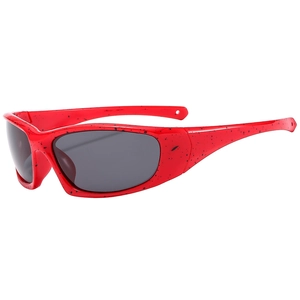 Fashionable outdoor sports cycling sunglasses with red speckled frame and dark wrap lenses