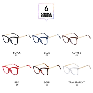 Detailed catalog view showing 6 available colors of cat-eye frames with metal temples