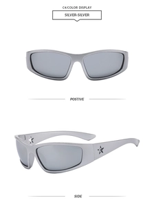 Dettagli di occhiali da sole Y2K argento con aste a stella e montatura dal design futuristico