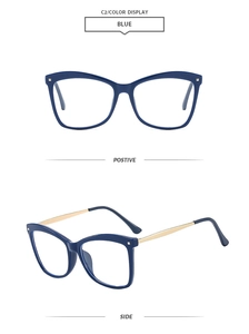 Detail view of stylish blue cat-eye frames with golden metal temples and side profile
