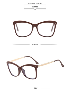 Detail view of coffee-colored cat-eye glasses with gold temples and square rivets