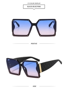 Detail view of square black sunglasses with blue-pink gradient lenses and quilted texture