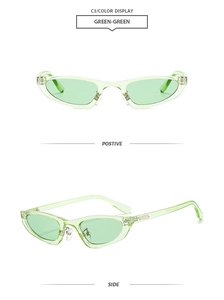 Vue détaillée avant et latérale de lunettes de soleil œil de chat vertes avec accents métal