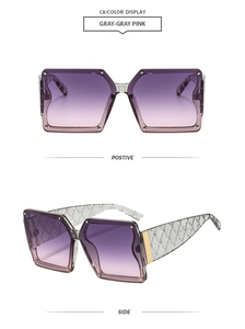 Front and side view of square gradient pink sunglasses with rivet details