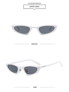Détails de lunettes de soleil œil de chat blanches avec verres gris, vues de face et de profil