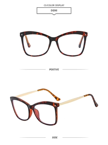 Detail view of stylish demi cat-eye glasses frames with premium gold metal temples