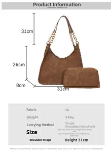 Brown PU leather shoulder bag and small inner pouch with detailed size measurements
