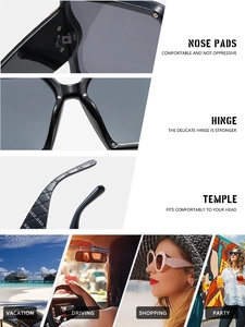 Detail of square oversized sunglasses showing integrated nose pads and rivet hinges