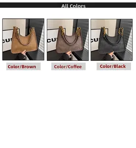 Three vintage tote bags in brown, coffee, and black with bold gold chain handles