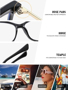 Detail view of reinforced metal hinges, integrated nose pads and lifestyle wearing scenes
