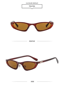 Détail de lunettes de soleil œil de chat montrant les verres thé et charnières métal